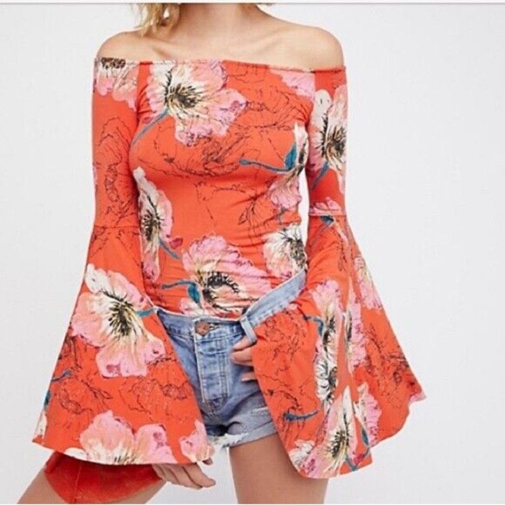 Free People Birds Of Paradise Flared Sleeve Floral Off-shoulder Top Xs/s
